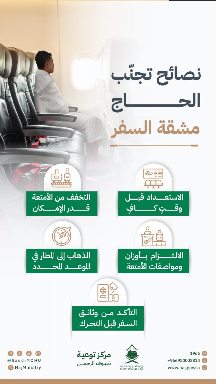 وزارة الحج والعمرة السعودية تدعو ضيوف الرحمن للاستعداد المبكر لرحلة حج ميسرة تفادياً للمتاعب